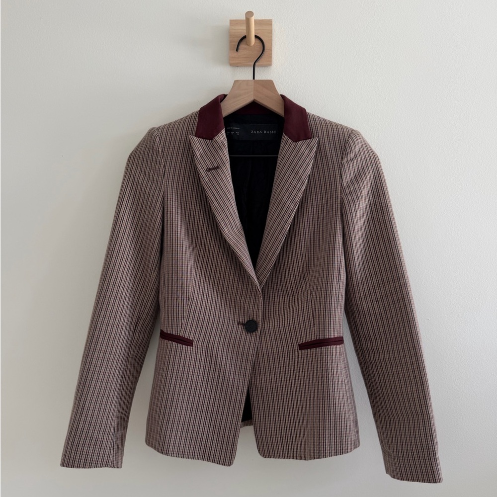 Zara Burgundy and Brown Plaid Blazer